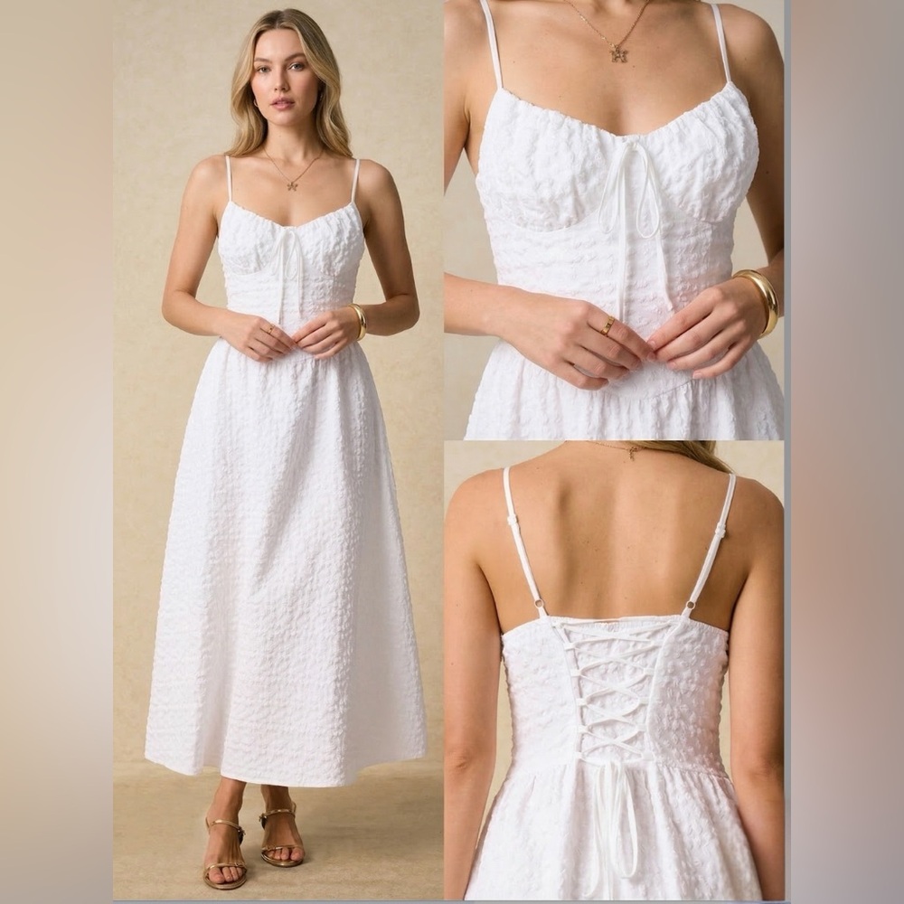 LAST ONE 🔥 Textured Midi Cottagecore Lace-Up Corset Dress White - Picture 2 of 9